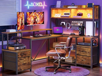 RALGEND 75" L Shaped Gaming Desk with Drawers, Computer Corner Desk with Storage Shelves for Home Office, Gaming Desk with Monitor Stand, Hutch, LED Light & Power Outlet, Rustic Brown and Black