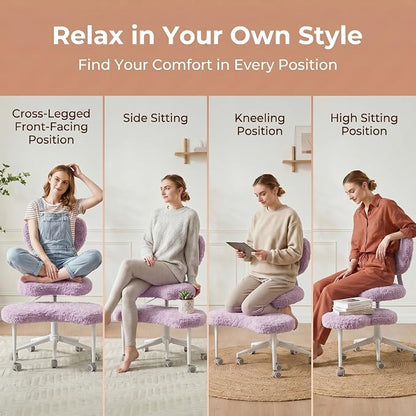 Cross Legged Office Chair with Wheels, 360 Swivel Height-Adjustable Meditation Chair with Lumbar Support, Artificial Rabbit Hair Fabric, Violet