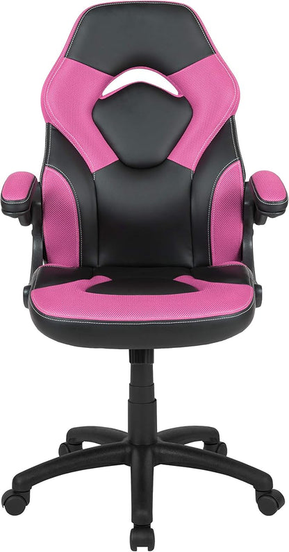 Flash Furniture X10 High-Back LeatherSoft Racing Style Gaming Chair with Flip-Up Arms, Ergonomic Padded Swivel Computer Chair, Pink/Black