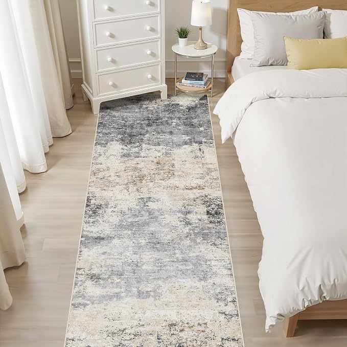 Runner Rug Kitchen Washable Rugs: 3x10 Non-Slip Abstract Soft Modern Stain Resistant Indoor Floor Neutral Accent Throw Carpet for Hallway Bathroom Laundry Room Entryway Bedroom- Grey Brown