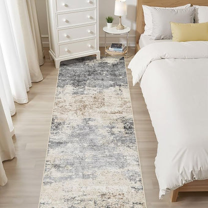 Runner Rug Kitchen Washable Rugs: 3x8 Non-Slip Abstract Soft Modern Stain Resistant Indoor Floor Neutral Accent Throw Carpet for Hallway Bathroom Laundry Room Entryway Bedroom- Grey Brown