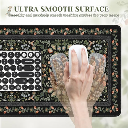 iCasso Aesthetic Floral Desk Mat, L Mouse Pads, Anti-Slip Retro Mousepad with Stitched Edges, Waterproof Computer Pad 11.8"x31.5",Desk Accessories Office Decor for Women(Black)