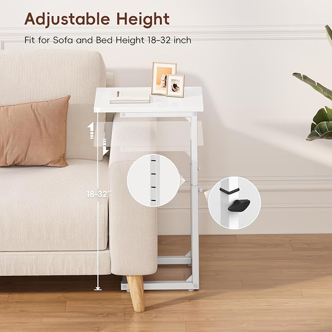 Vagusicc C Shaped End Table, 33"C Table End Table Adjustable Height, Small Side Table for Couch, Tv Tray Table for Small Spaces, Couch Table That Slide Under, Sofa Table for Living Room,Bedroom, White