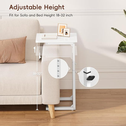 Vagusicc C Shaped End Table, 33"C Table End Table Adjustable Height, Small Side Table for Couch, Tv Tray Table for Small Spaces, Couch Table That Slide Under, Sofa Table for Living Room,Bedroom, White