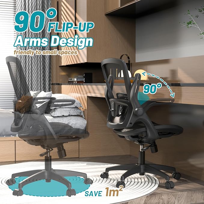 Full Mesh Ergonomic Home Office Computer Desk Chair with Flip Up Arms Height Adjustable Swivel Wheels for Adult