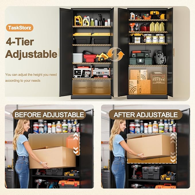71" Tall Kitchen Pantry Cabinet, Metal Kitchen Pantry Storage Cabinet with Doors and 4 Adjustable Shelves, Black Pantry Cabinet for Living, Dining Room, Bathroom
