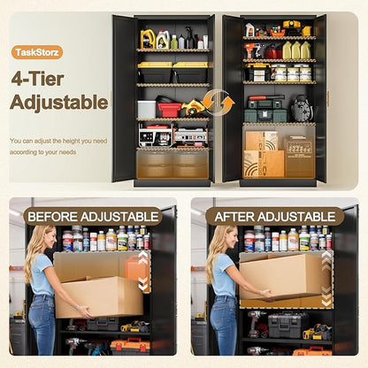 71" Tall Kitchen Pantry Cabinet, Metal Kitchen Pantry Storage Cabinet with Doors and 4 Adjustable Shelves, Black Pantry Cabinet for Living, Dining Room, Bathroom