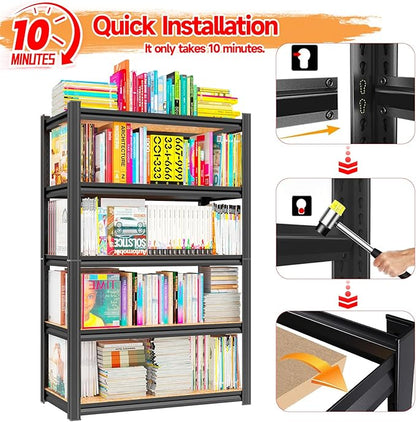 24"W Steel and Wood Book Shelf, 4 Tier Metal Bookcase, 1200LBS Display Shelving, Adjustable Utility Shelf Organizere, Standing Storage Shelves for Study, Bedroom, Living Room and Home Office, Black