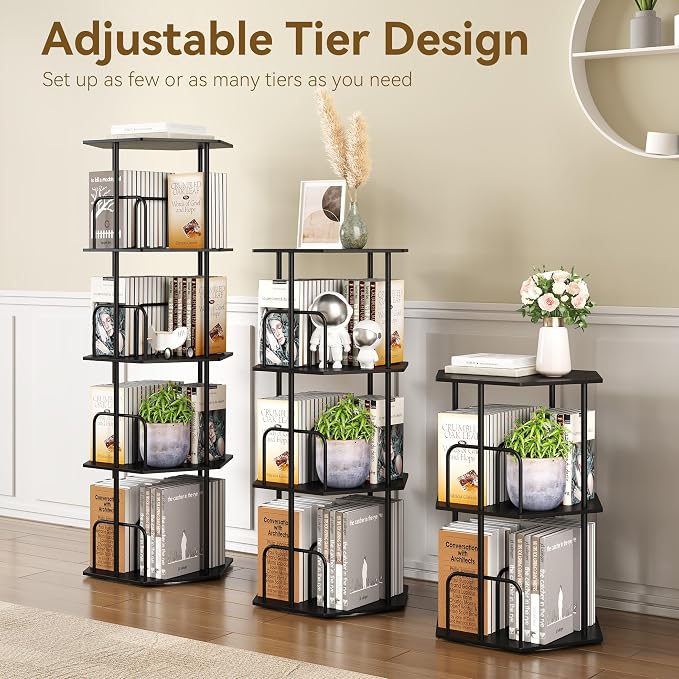 SUNMORY 4 Tier Rotating Bookshelf Tower, Revolving 360 ° Spinning Bookcase, Hexagonal Corner Book Shelf Storage Carousel, Vertical Rotate Turning Organizer Book Shelves for Living Room Office Bedroom