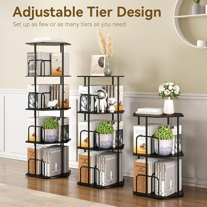 SUNMORY 4 Tier Rotating Bookshelf Tower, Revolving 360 ° Spinning Bookcase, Hexagonal Corner Book Shelf Storage Carousel, Vertical Rotate Turning Organizer Book Shelves for Living Room Office Bedroom