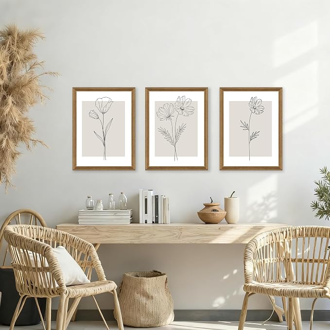 ICHZUMW Neutral Botanical Floral Wall Art, Black and White Farmhouse Flowers Wall Decor, Modern Minimalist Line Art Canvas Prints, Beige Artwork, Living Room Bedroom Home Office, Set of 3, 16x24in
