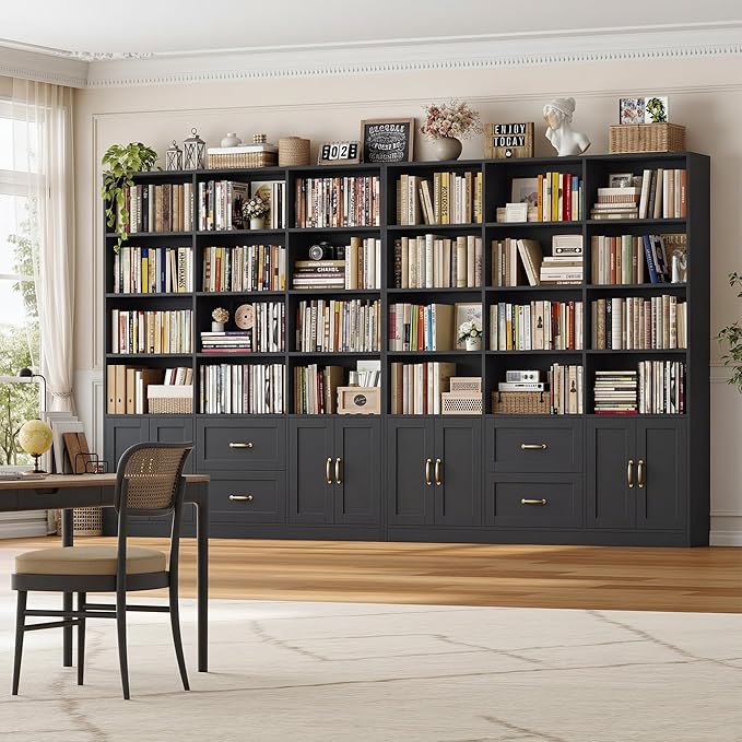 HOSTACK 71" Tall Triple Wide Bookshelf with Doors & Drawers, Modern Wood Bookcase for Storage, 6-Tier Large Bookcase with Display Shelves, Space-Saving Bookshelf for Living Room, Home Office, Black