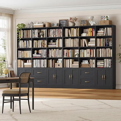 HOSTACK 71" Tall Triple Wide Bookshelf with Doors & Drawers, Modern Wood Bookcase for Storage, 6-Tier Large Bookcase with Display Shelves, Space-Saving Bookshelf for Living Room, Home Office, Black