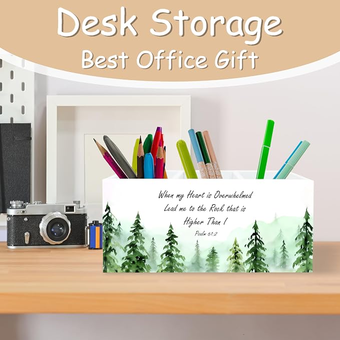Inspirational Christian Woods Pen Holder for Desk, Christian Religious Gifts for Women Men, Psalm 61:2 Bible Verses Wooden Pen Pencil Holder Organizer for Home Office Desk Accessories