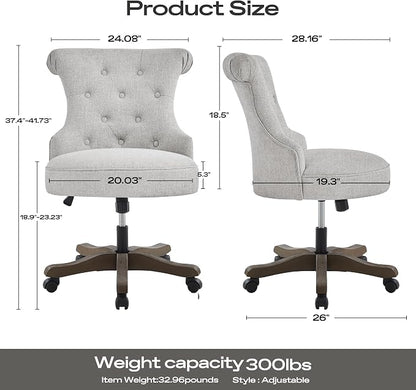 HUIMO Home Office Chair Upholstered Armless Desk Chair with Wheels Adjustable Height Computer Desk Chair with Wooden Legs Linen Comfortable Swivel Chairs for Home Office Study Studio (Light Grey)