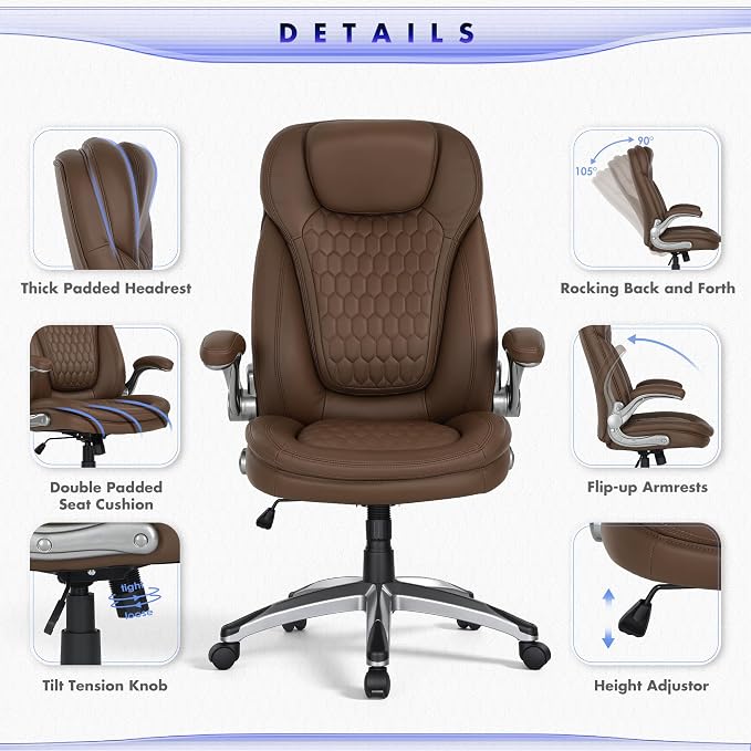 COLAMY Office Chair Ergonomic Desk Chair-Executive Office Chair with Upgraded Caters, High Back Computer Chair Flip-up Arms, Strong Metal Base, Swivel Leather Chair for Work/Study, 300lbs, Brown