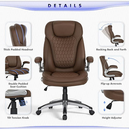 COLAMY Office Chair Ergonomic Desk Chair-Executive Office Chair with Upgraded Caters, High Back Computer Chair Flip-up Arms, Strong Metal Base, Swivel Leather Chair for Work/Study, 300lbs, Brown