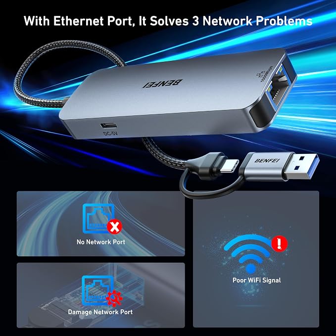 BENFEI USB-C to Gigabit Ethernet Adapter with 3-Port USB 3.0 Hub, RJ45 Network Adapter Compatible with MacBook Pro/Air, iPad Pro, iMac, Galaxy S23, XPS 17, Surface Book 3