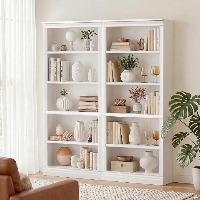 Furniwell Bookcase Bookshelves, 5-Shelf Tall Bookcase 71" Wood Open Display Floor Bookshelf, Large Storage Organizer for Library, Bedroom, Living Room, Set of 2 (White)