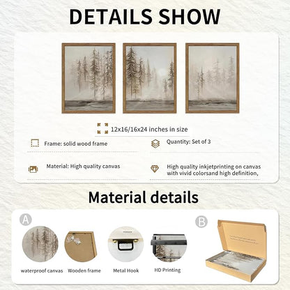 Framed Forest Wall Art Set of 3, Vintage Neutral Tree Canvas Wall Decor Paintings, Abstract Nature Landscape Artwork Pictures Prints for Living Room Office Bedroom 16x24 Inch
