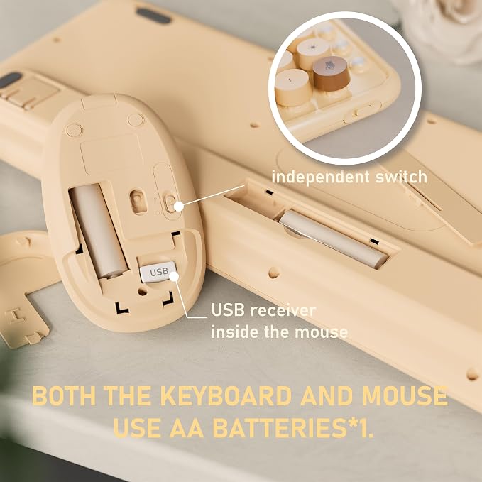 Wireless Keyboard and Mouse, Colorful 104-Key QWERTY with Round Keys, Phone Holder, Wrist Rest, Power Buttons, 2.4GHz USB for PC Laptop (Milk-Tea Colorful)