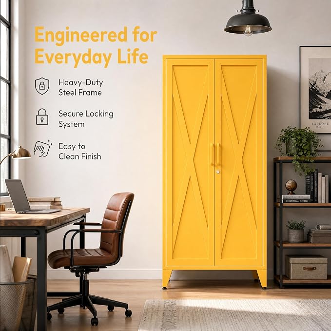 61" Metal Pantry Cabinet with Lock and 3-Tier Adjustable Shelves, Freestanding Heavy Duty Storage Cabinet Locker for Kitchen, Home Office, Garage Yellow