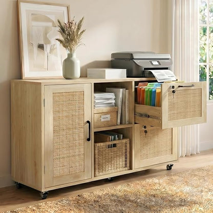 HOPUBUY 2 Drawer File Cabinet with Lock, Large Rattan Filing Cabinets with Door & Open Shelves,Wide Wood Rolling Office Storage Cabinet on Wheels for Home, Natural