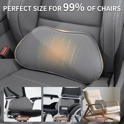 Lumbar Support Pillow for Car, Premium Leather Memory Foam Lumbar Cushion for Lower Back Pain Relief, Universal Back Support for Driving, Home & Office Chairs, Gray, 1 Pack