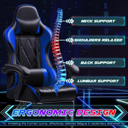 Shahoo Gaming Chair with Footrest and Massage Lumbar Support, Computer Game Chairs Ergonomic Office Seat Height Adjustable with Headrest, Blue