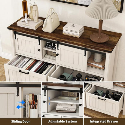Lateral File Cabinet with Charging Station, Farmhouse Sliding Barn Doors & 2 Drawers, Antique White Printer Stand for Letter/A4/FC Hanging Folders