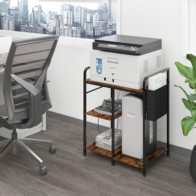 Sedegn Large Printer Stand with 3 AC Outlets for Home Office Devices | Heavy-Duty Printer Table for Laser Printer, Side Paper Storage Bag, 3-Tier Organizer for Shredder, PC Tower & Supplies, Brown