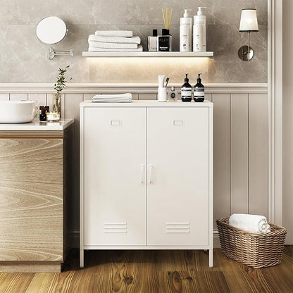 Steehoom Metal Cabinet with 2 Door and Adjustable Shelf, Metal Locker Horizontal White Storage Cabinet for Home, Office, School, Entryway, Garage (White, H35.43'')