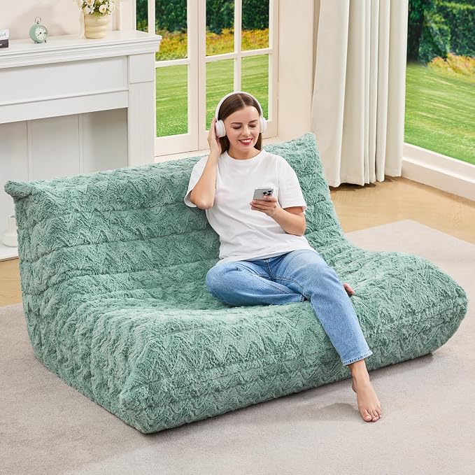 Hobestluk Large Bean Bag Chair Faux Fur BeanBag Couch for Living Room | Green Chevron, Loveseat,Ergonomic Design,Memory Foam,Anti-slip Bottom,No Assembly Required,Decorative Style for Living Room