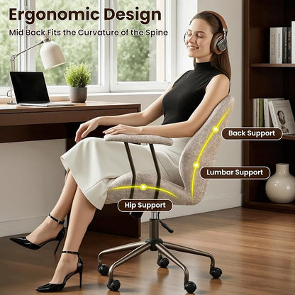 ovios Home Office Chair, Mid-Century Modern Faux Suede Leather Ergonomic Chairs, Mid Back Comfy Computer Swivel Rolling Task Executive Armchair, Beige