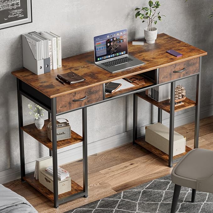 OLIXIS 48 Inch Desk with Storage Fabric Drawers, Home Office Computer Desk for Small Space Bedroom, Modern Study Work Gaming Writing PC Table, Finish for Compact Rooms, Brown