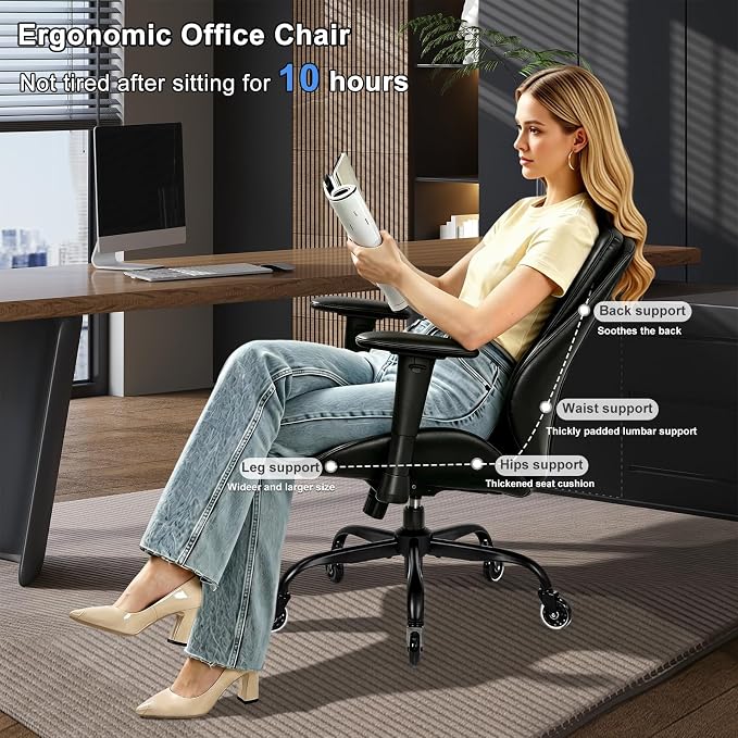 BEWISHOME Office Chair with Rubber Wheels, Big and Tall Office Chair, Ergonomic Office Chairs, Executive Desk Chair, Black PU Leather Computer Comfy Chairs with Lumbar Support, Adjustable Armrests