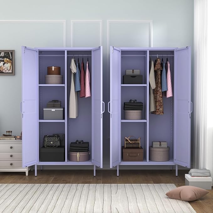 Lockable Metal Wardrobe Closet with Hanging Rod and 3 Adjustable Shelves,67" Metal Storage Cabinet with 2 Doors,Steel Armoire Wardrobe Closet for Bedroom Living Room Cloak Room (Purple)