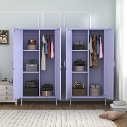 Lockable Metal Wardrobe Closet with Hanging Rod and 3 Adjustable Shelves,67" Metal Storage Cabinet with 2 Doors,Steel Armoire Wardrobe Closet for Bedroom Living Room Cloak Room (Purple)
