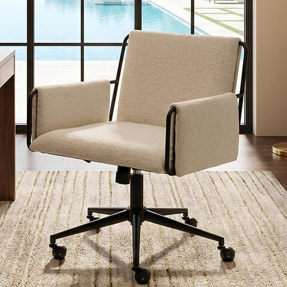 Rowill Modern Office Chair, Beige Boucle Fabric, Adjustable Height, 300 LBS Capacity, Wheels, Arm Rest, Perfect for Home Office, Bedroom, Makeup Room
