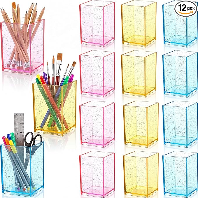 Ctosree 12 Pack Colorful Clear Acrylic Pen Holder for Classroom Acrylic Square Pencil Organizer Pastel Color Pencil Holder Back to School Supplies Gifts Student Teachers Desk Storage Organizer