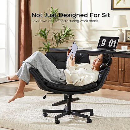 amseatec Criss Cross Office Chair, PU Leather Vanity Chair with 5-Level Adjustable Armrests & Swivel, Ergonomic Criss Cross Chair for Home Office Bedroom Makeup（Black）