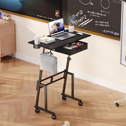 Adjustable Height Standing Desk with Drawer, Rolling Sit to Stand Up Desk with Wheels Height 31.5"-43.3" Small Mobile Laptop Standing Desk for Treadmill Walking Pad, Movable Classroom Podium (Black)