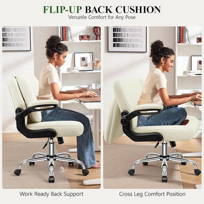 Criss Cross Office Chair with 2-in-1 Flip Backrest – Ergonomic PU Leather Floor Sitting Chair, Adjustable Height, 360° Swivel & Flip-Up Arms, Extra-Wide Seat for Home Office, Vanity, Nail Salon-White