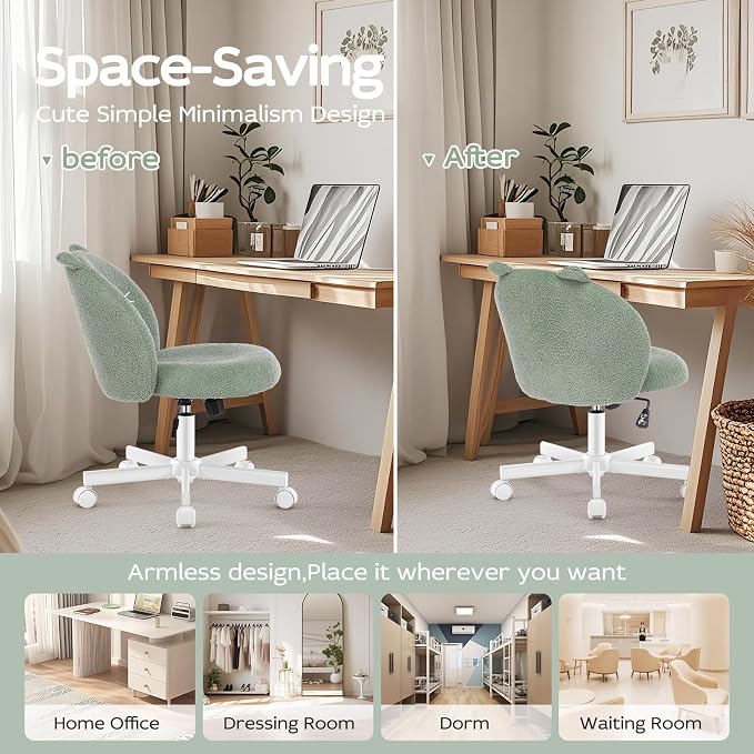 Vanity Chair with Cat Back,Armless Desk Chair Cute Small Office Chair,Teddy Fabric Computer Chair with Adjustable Height,120°Tilting,Rolling,Swivel for Vanity,Kids Room,Office,Bedroom Green