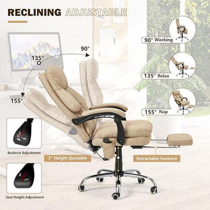 HOMREST Ergonomic Office Chair, Khaki | 6-Point Massage & Heating, Adjustable Executive Design, Retractable Footrest, Dual-Layer Soft Cushion, PU Leather