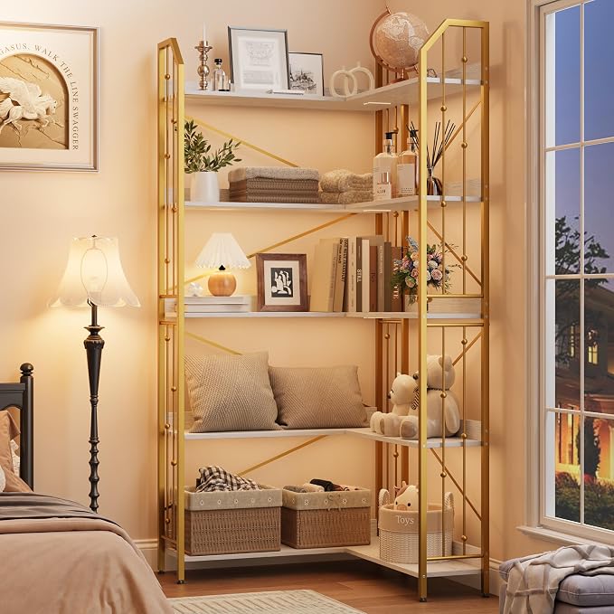 GarveeHome Corner Bookshelf 72" L Shaped Bookcase, Corner Bookshelves Industrial Bookcase 5 Tier L-Shape Bookshelf, Large Bookcases with Beaded Design Tall Display Rack Shelf for Living Room Bedroom