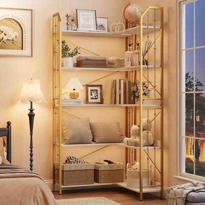 GarveeHome Corner Bookshelf 72" L Shaped Bookcase, Corner Bookshelves Industrial Bookcase 5 Tier L-Shape Bookshelf, Large Bookcases with Beaded Design Tall Display Rack Shelf for Living Room Bedroom