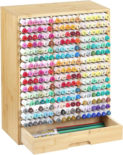 AUTOARK Bamboo Marker Organizer for 225 Markers,AHK-063 | Desktop Storage with Drawers,Art Markers Pens Pencils Brushes,Stationary Organizer