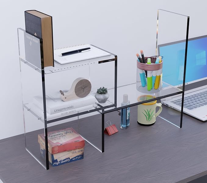 My Space Organizers Adjustable Acrylic Desk Shelf for Top of Desk: Clear Desktop Shelf, Premium Desktop Bookshelf Organizer, Office Table Book Shelves