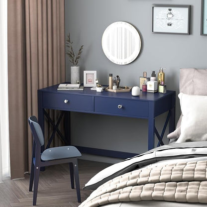 WiberWi Home Office Desk with Drawers, Modern Writing Computer Desk for Bedroom, Small Makeup Vanity Table Study Table for Home Office,Navy